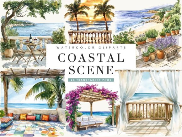 Download Watercolor Coastal Scene Clipart - Scene Collection