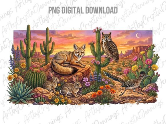 Download Western Desert Wildlife Sunset Scene PNG - Scene Collection